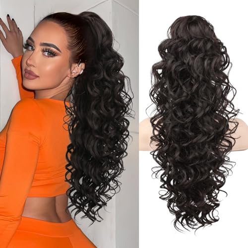 SEIKEA Ponytail Extension, 24" Fluffy Long Wavy Curly Claw Clip Hair Extensions Ponytail Multi-layered Clip in Fake Pony Tails Natural Soft Synthetic Hairpiece Black Brown