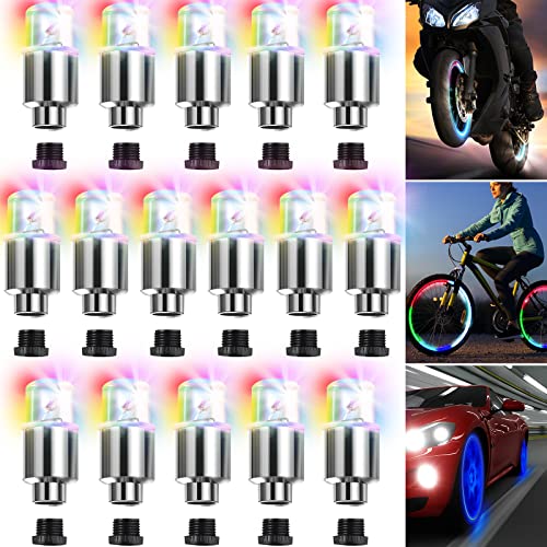 LED Car Wheel Lights Flash Tyre Wheel Valve Cap Lights Bike Tire Valve Stem Neon Lights Colorful Waterproof LED Tire Lights for Car Trunk Bike Bicycle Motorcycle Wheel (16 Pieces)