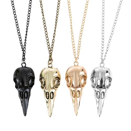 QLYOVWE 4PCS Punk Metal Crow Skull Necklace Set for Women Men Gothic 3D Animal Raven Bird Skull Pendant Necklace Vintage Halloween Jewelry Gifts (Gothic)