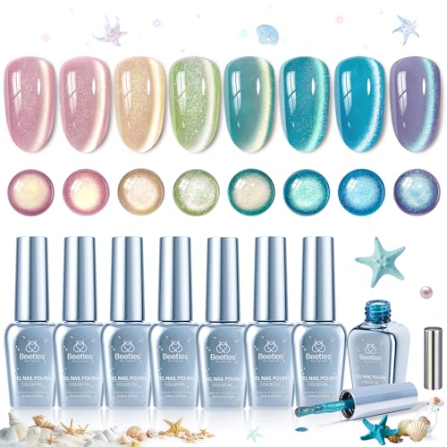 Image of Beetles Dream Coast Cat Eye Gel Nail Polish Set - 8 Colors Glitter Gel Nail Polish Kit Pink Yellow Green Blue Purple Magnetic Shine Soak Off UV Salon DIY Gift Manicure for Women