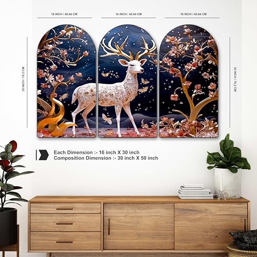 Image of Livin'luxe White Deer Fantasy Arch Shape Wall Painting Set of 3 | Floral Golden Design | MDF Textured Panel Artwork for Living Room, Bedroom, Hall & Home Decoration (30 x 50 Inch) RPNL-35383