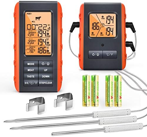 Wireless Meat Thermometer for Grilling Smoking - Kitchen Food Cooking Candy Thermometer with 3 Probes - Monitor Ambient Temperature Inside The Grill Smoker BBQ Oven Thermometer, 490ft,Digital