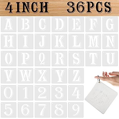 Alphabet Letter Stencils 4 inches, 36 Pcs Reusable Plastic Letter and Number Templates Letter Decoration Art Craft Stencils for Painting on Wood, Wall, Glass, Fabric, Rock, Canvas, Chalkboard, Signage