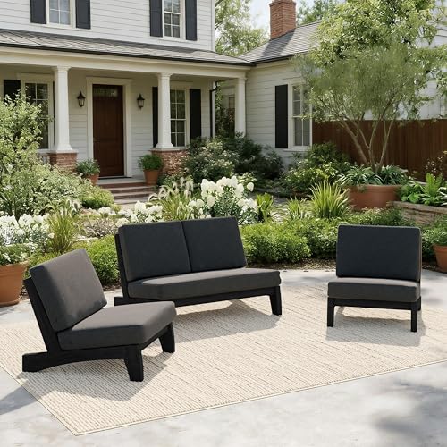 Image of Pia Ricoo 4 Piece Patio Furniture Sets, Outdoor Loveseat Sofa Set with 2 Chairs & Coffee Table, Patio Conversation Set for Backyard, Deck, Lawn, Drak, Dark Wood