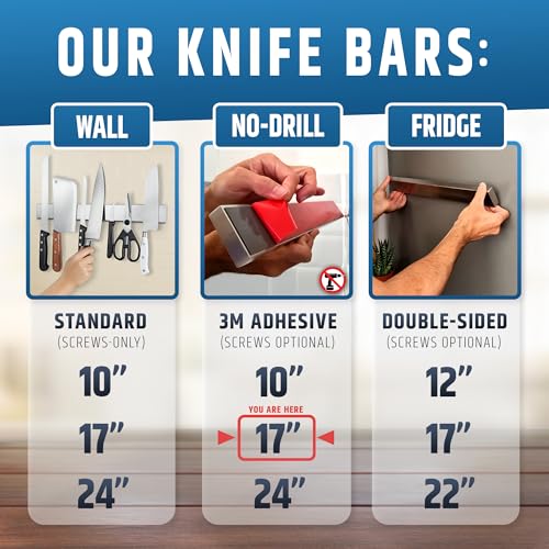Image of 17 inch Strong Adhesive (No Drill) Magnetic Knife Holder for Wall - Professional Knife Strip - No Screws Needed - Adhesive Backing - Stainless Steel Knife Bar (Upgraded Version - Will Not Fall)