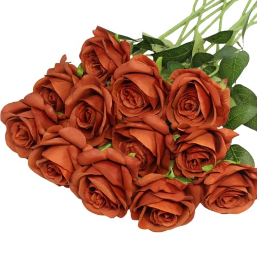 YGbridge Artificial Roses Flowers, 12 Pcs Fake Rose in Bulk, Long Stem Realistic Silk Roses Bouquet for Fall Home Decor, Thanksgiving Decor, Centerpieces, Flower Arrangement (Burnt Orange, 12-PCS)