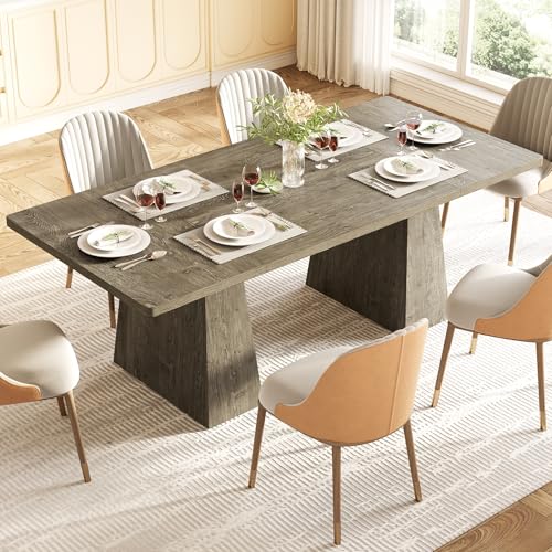 Image of LITTLE TREE Dining Table for 6 People, Wooden Table, Rectangle Furniture with Heavy Duty Legs, Modern Kitchen Table for Home, Dining Room, Grey