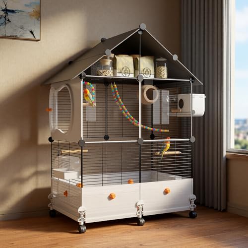Uandhome Large Bird Cage 2-Tier Metal Parrot Cage with Acrylic Doors & Feeder Movable Bird Villa House for Parakeets Parrotlets Cockatiels Budgie Finch Pet 72 * 36 * 117cm
