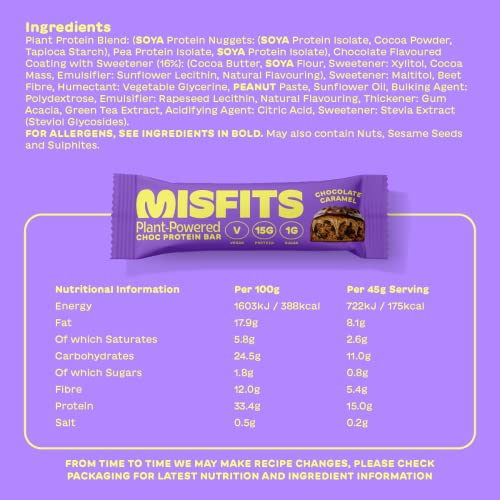 Misfits Vegan Protein Bar, High Protein, Low Sugar, Gluten Free, Plant