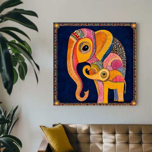 Image of PAINTINGMANTRA Gond Art of Elephants Wall Decor Print Multicolor | Canvas Painting Stretched on Wood | Suits For Living Room, Bedroom, Hallways (22x22 Inch)