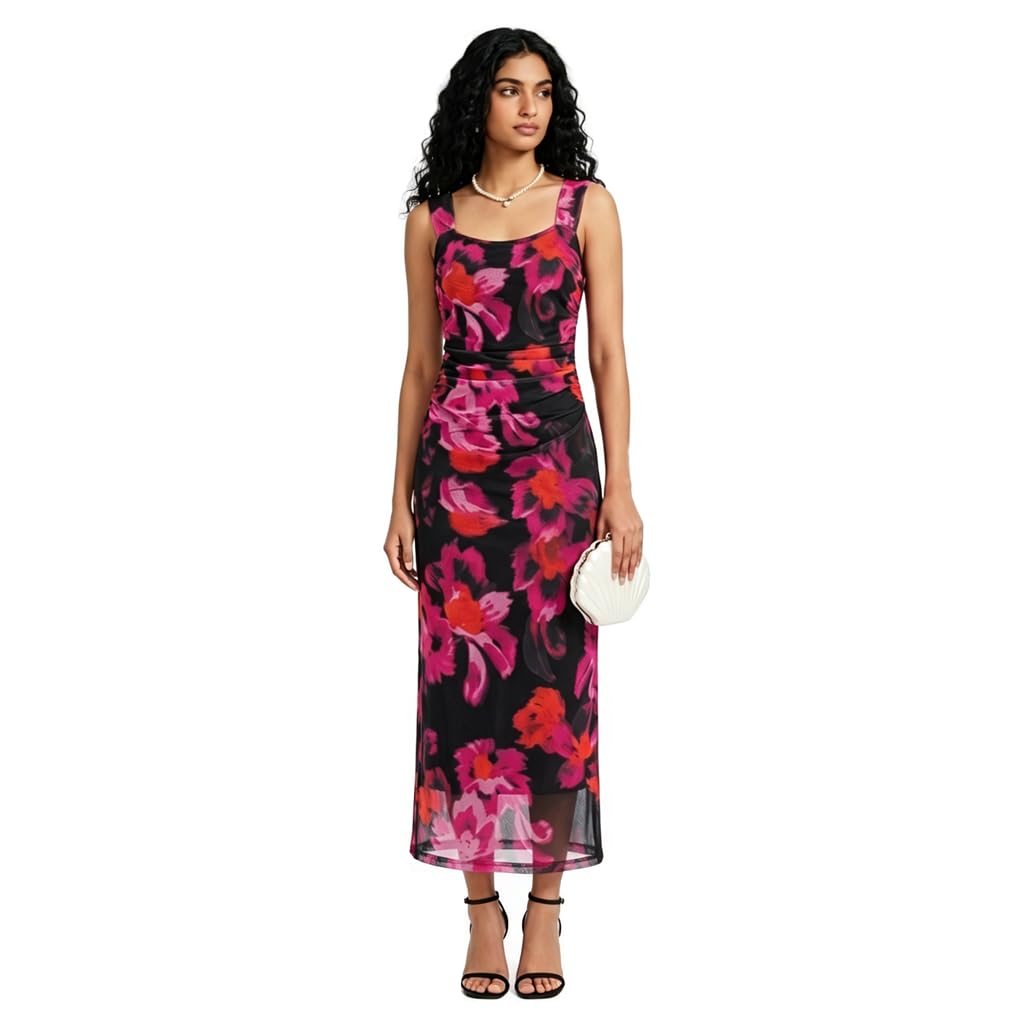 sannidhi Women's Floral Print Ruched Midi Dress, Square Neck Bodycon Mesh Dress with Wide Straps, Stretch Polyester Slim Fit Cocktail Party Dress for Date Nights, Summer Events & Evening Wear-L-picture-39