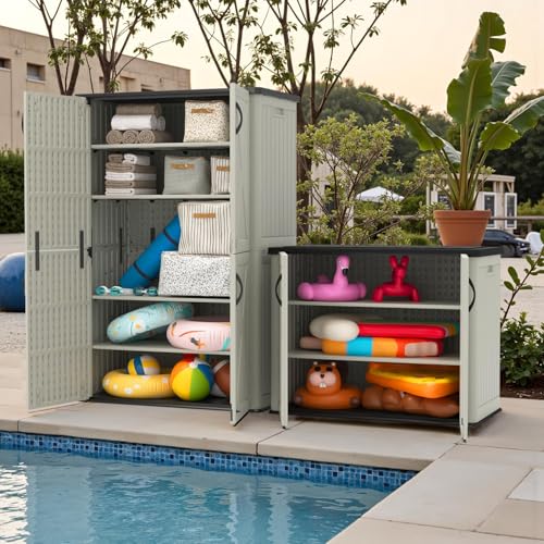Image of Devoko 26 Cu Ft Plastic Outdoor Storage Cabinet, Beige | Horizontal Resin Storage Shed with Lockable Door, Water-Resistant Backyard Storage Box for Garden Patio, Shelf Not Included