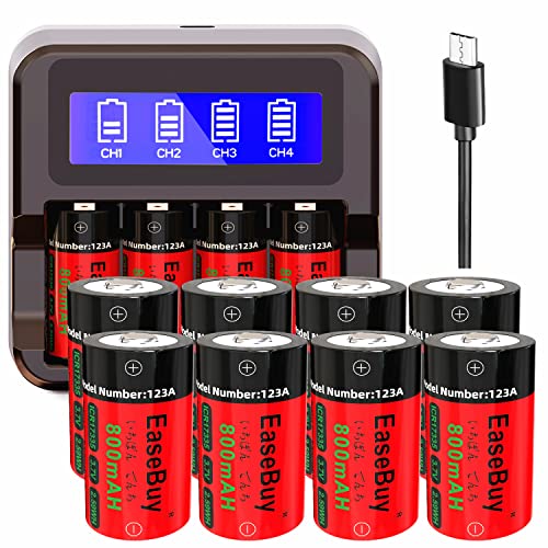 Arlo Batteries Rechargeable 123A and LCD Display CR123A Charger, EaseBuy 12-Pack 800mAH ICR17335 123A Rechargeable Batteries for Arlo Cameras, Alarm System, Flashlight