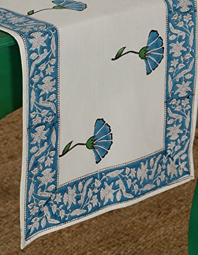 Image of Ravaiyaa - Attitude is Everything Hand Block Printed Cotton Table Runner | Floral Printed Table Runner for Home Decor, Kitchen | 60 x 16 Inch-(Turquoise Floral)
