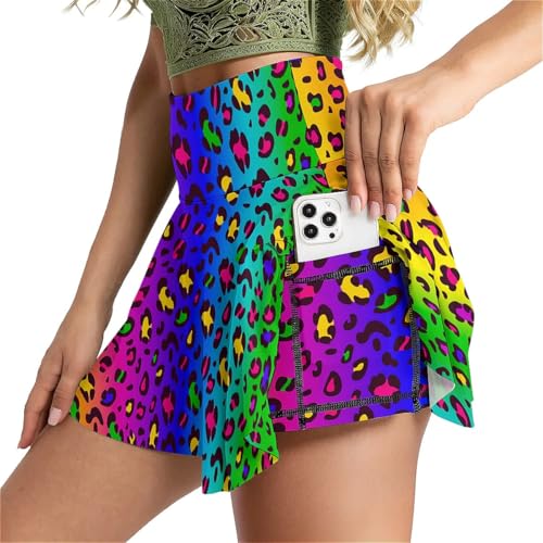 MSOKAZZLES Rainbow Leopard Tennis Skirt for Women with Pockets Inner Shorts High Waisted Athletic Golf Skorts for Running Workout Sports M
