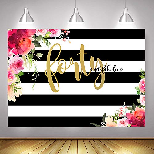 Mocsicka Forty And Fabulous Backdrop Flower Stripes 40Th Birthday Photography Background 7X5Ft Vinyl Women 40Th Birthday Party Banner Backdrops #TOP3