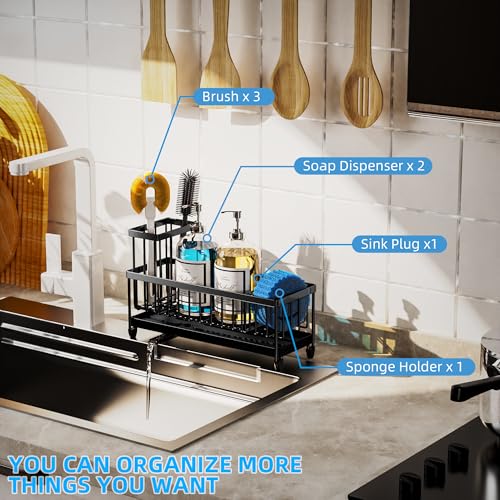 Moforoco Extra Large Kitchen Sink Caddy, Rustproof Sponge Holder for Kitchen Sink with High Brush Holder, Stainless Steel Black Kitchen Caddy Sink Countertop Organizer, Sponge Caddy for Kitchen Sink