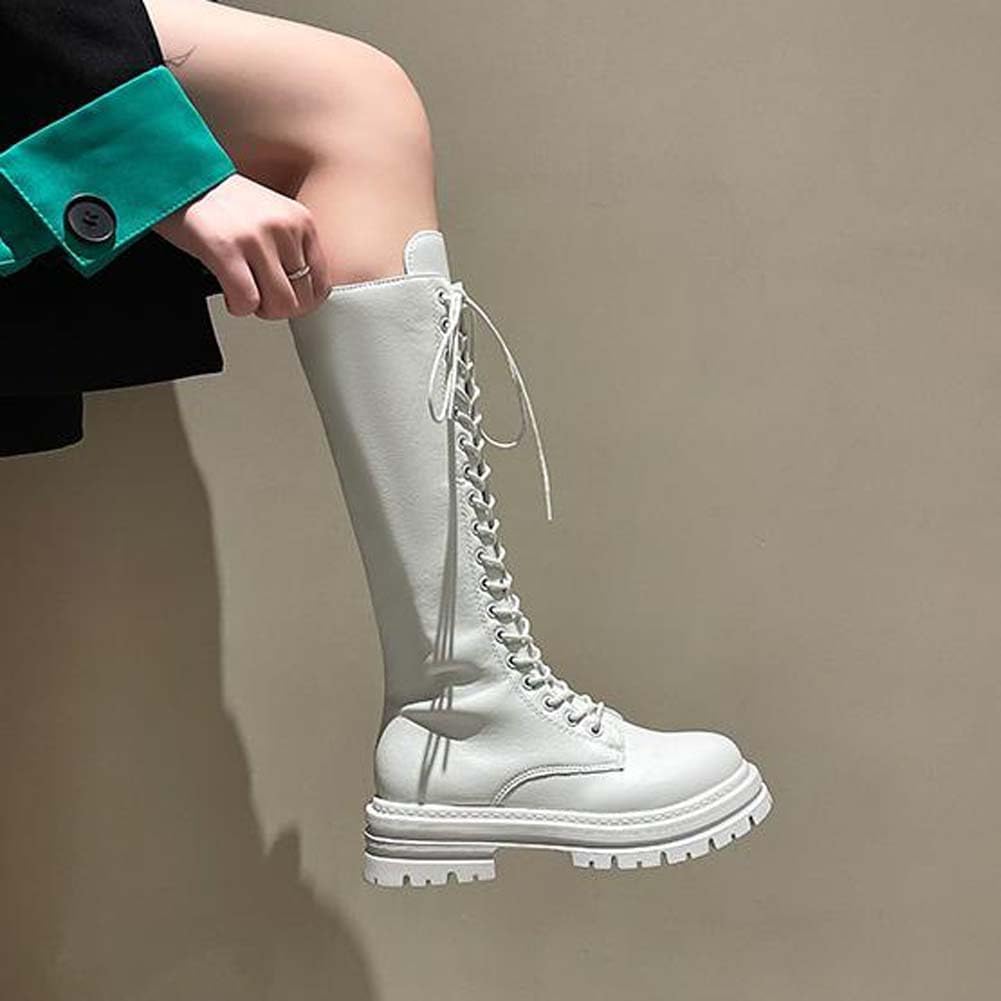 Knee High Boots for Women Wide Calf Gothic Combat Boots Platform Chunky Heel Mid Calf Motorcycle Boot with Lace up & Zipper