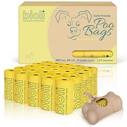 BIOLI Poo Bags Dogs Set - Value Pack 360 Count Universal Fit - Biodegradable Poop Bags Dog Rolls With Extra Poo Bag Holder - Unscented Colour Yellow (BIOBLEND360)