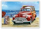 Surfin USA - Auto retro Woodie con tablas de surf en la playa - De una pintura a color original de Scott Westmoreland - Impresión artística maestra de 10 x 14 pulgadas