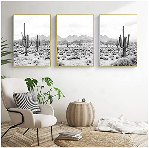 Vlolife Desert Landscape Black And White Print Photography Poster Saguaro Cactus Art Canvas Painting Picture Home Wall Art Decor , 16X24Inchx3 Unframed #TOP4