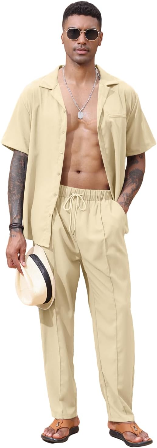 Lexiart 2 Piece Set for Men Beach Outfits Cuban Collar Button Down Shirt Darwstring Pants - Image 4