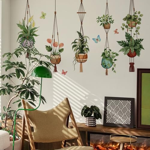 Lekabee Green Plant Leaves Wall Decals, Potted Plant Butterfly Wall Art Stickers for Office Bedroom Living Room Classroom Parties Decoration