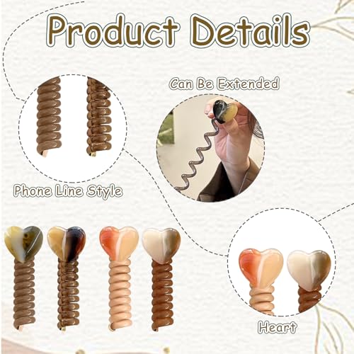 4 Piece Spiral Phone Cable Headbands, Heart Decor Phone Wire Hair Gums for Thick Hair, No Damage Coil Cable Gum, Accessories for women