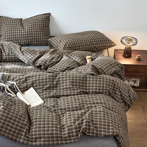 Image of EAVD Vintage Style Dark Grey Gingham Plaid Duvet Cover Queen 100% Washed Cotton Like Linen Feel Soft 3-Piece Grid Plaid Bedding Set with 2 Pillowcases Reversible Geometric Duvet Cover with Zipper