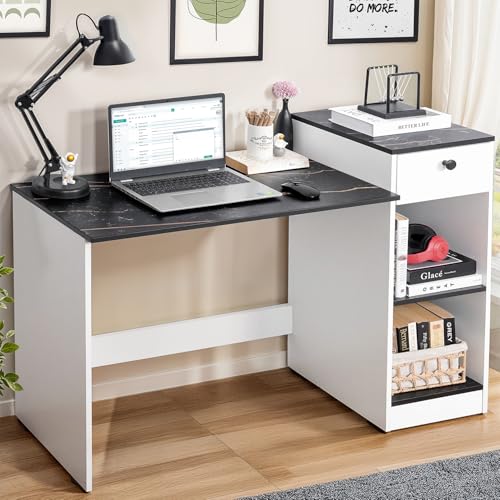 Image of ABOUT SPACE Study Table with Drawer - Computer Table with Bottom Storage Space DIY Engineered Wood Office Desk with 2 Adjustable Shelves for PC Laptop (White, Black Marble - L 123 x B 45 x H 89 cm)