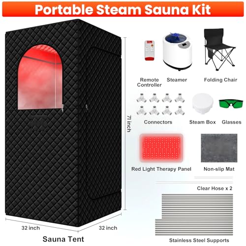 Tragbare Dampfsauna Infrarot Sauna für Zuhause - Dampfgenerator für Dampfbad mit 660nm Red Light Therapy, 3L 1200W Schnellaufheizung Dampferzeuger mit Fernbedienung, Portable Sauna zur Entspannung