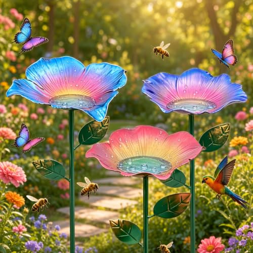 Vogeltränke Blume aus Metall, 3er Set mit 63 cm Erdspieß für Garten