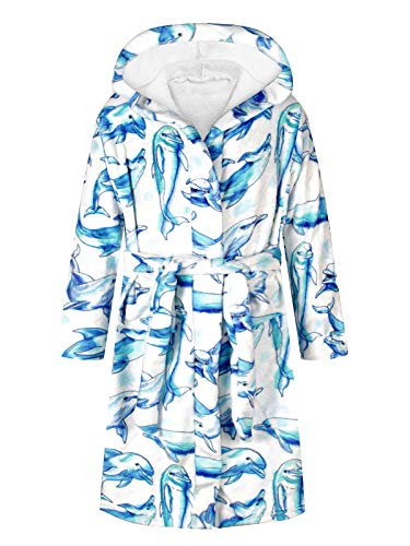 Kids Robes Boys Girls Bathrobes Pajamas Hooded Fleece Plush Soft Flannel Dolphin Print Sleepwear, 4-12 Years