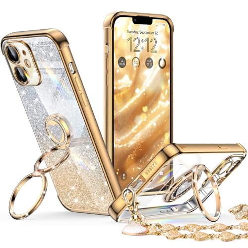 XYZ for iPhone 12 Back Cover Case with Stand, Phone Case with Double Ring Kickstand, Women Girls Bling Luxury Glitter Clear Phone Case Cover Heart for iPhone 12, Gold