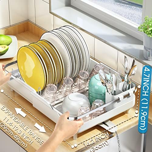 SAYZH Dish Drying Rack, Kitchen Dish Drainer Rack, Expandable Dish Rack with Drainboard and Auto drain Spout Utensil Holder Cups Holder for Kitchen Counter Save Place(White)