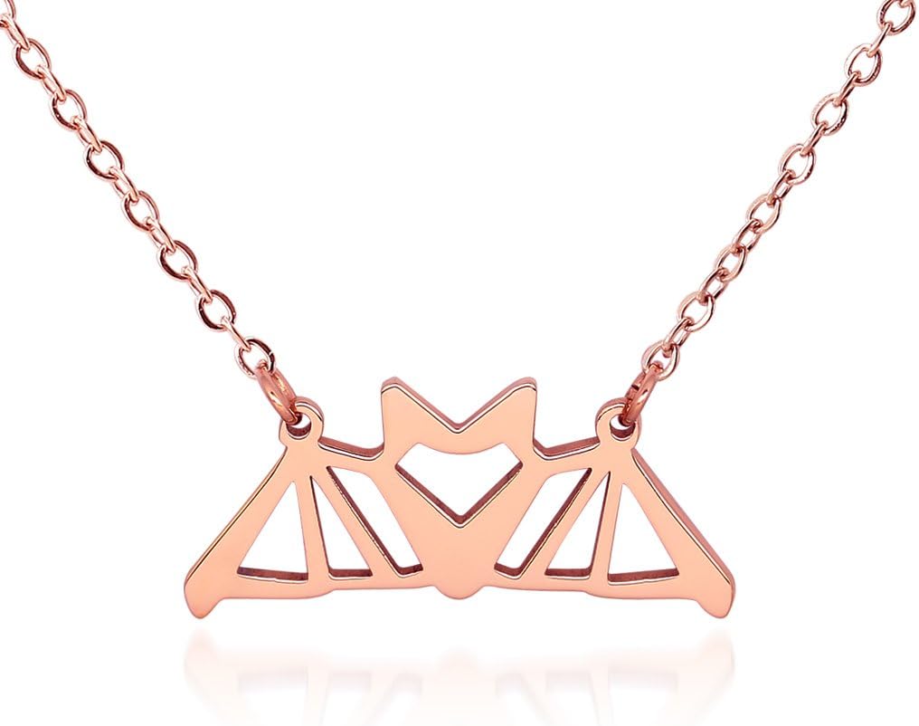 HANFLYBat Pendant Necklace Love Heart Bat Jewelry for Women Origami jewelry 16.5"+1.5" Extender, Stainless Steel
