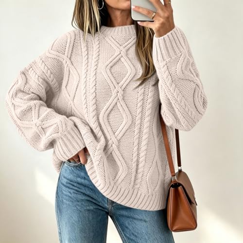 Sweaters for Women Cable Knit Crew Neck Pullover Oversized Loose Fall Tops - image 2