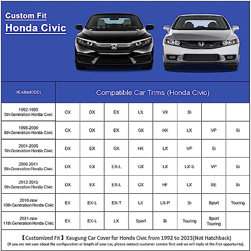 Image of Kaugung 6 Layers Car Cover Custom Fit Honda Civic Sedan from 1995 to 2025, Waterproof Car Cover All Weather for Automobiles Outdoor Indoor with Zipper Door, Sun Rain Dust Snow Protection.