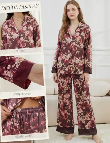 Image of Arssm Satin Pajama Set for Women Silk Pajamas Set 2 Piece Floral Pj Set Long Sleeve Button Down Pjs Sleepwear