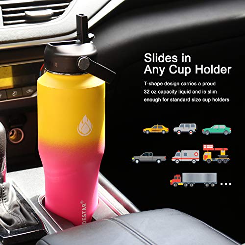 Image of SENDESTAR Water Bottle 32oz,2 Lids(Straw lid),Wide Mouth Stainless Steel Vacuum Insulated Double Wall Keep Liquids Cold or Hot All Day,Sweat Proof Sport Design,Fit Car Cup Holder(Yelow&Pink)