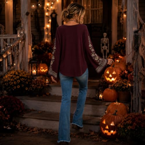 Halloween Shirts for Women Vintage Skeleton Bell Sleeve Crew Neck Top - image 5