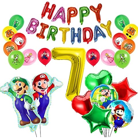 Mario Party Set 7 Years 32 Pieces, 21 Pieces Mario Balloon Latex, 8 Pieces Mario Foil Balloon, Gold No. 7 Balloon Foil Balloon, Mario Happy Birthday Banner, Mario Balloon Set, 7th Birthday Decoration Cover
