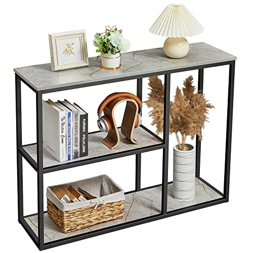 Image of WOHOMO Console Table, 12 Inch Narrow Sofa Table with 3-Tier Storage Shelves, 31.5 Inch Industrial Entryway Table for Living Room, Corridor, Hallway, Grey Marble