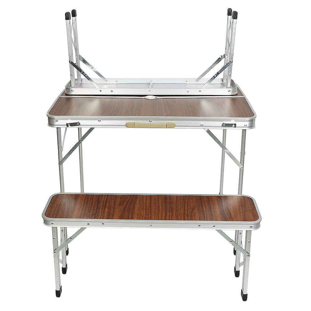 OHMG Tables de Pique-Nique,Table de Camping,Table Pliante Valise avec 2 bancs avec Un Poids Faible grâce au Cadre en Aluminium, Aspect Bois avec Poignées de Transport Marron,90 * 60 * 70cm