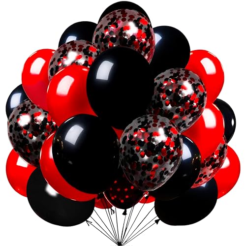 Firomi Red Black Latex Balloons 12 Inch 70 pack Set Black and Red Confetti Balloons for Birthday Wedding Party (with 2 Ribbons)