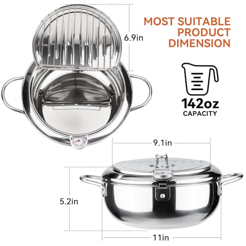 Image of Kerilyn Deep Fryer Pot, 11 Inch /4.2 L Janpanese Style Tempura Frying Pot with Lid, 304 Stainless Steel with Temperature Control and Oil Drip Drainer Rack, for Kitchen French Fries, Chicken etc