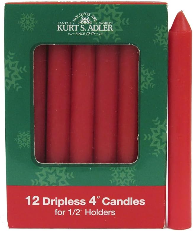Kurt Adler 4-Inch Red Dripless Candles, 12-Piece Set