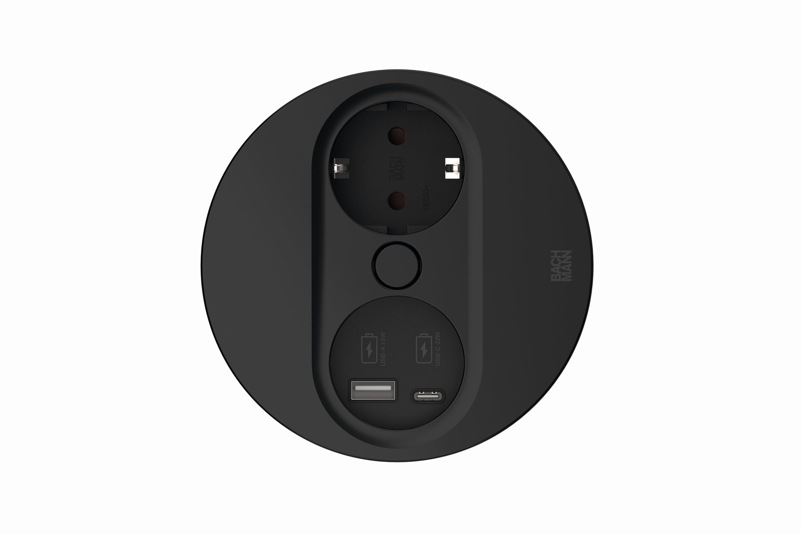 BACHMANN Gniazdko do zabudowy Twist 2, okrągłe, 1 x gniazdko z USB A i USB C, 2 m, do kuchni i biura, czarne, 946.104 (z automatycznym otwieraniem i powłoką zapobiegającą pozostawianiu odcisków palców