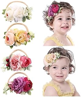 Cinaci 4 Pack Delicate Floral Rose Flower Super Stretchy Nylon Headbands Hair Bands Accessories for Baby Girls Newborns Infants Toddlers Kids