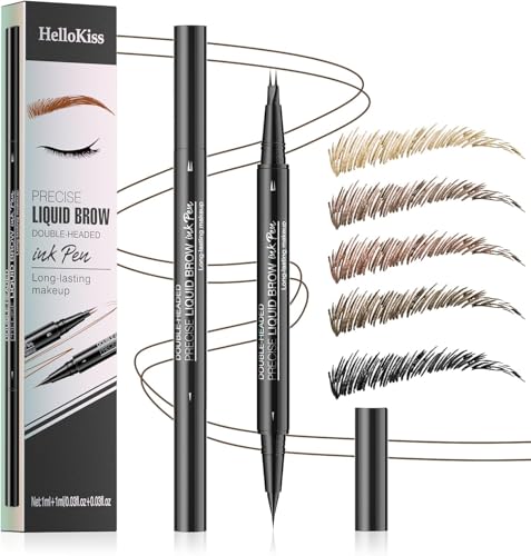 Microblading Augenbrauenstift Wasserfest, 2-in-1 Dual-Ended Eyebrow Pencil mit 2 Mikrogabelspitzen & präziser Pinselspitze, Wischfest, Langanhaltend, NatüRlicher, FlüSsiger Brow Pen (Hellbraun)